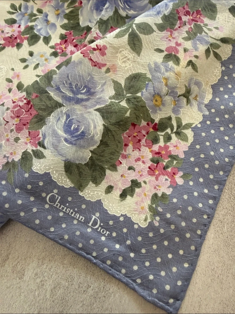 Vintage Dior Polka Dot Border Floral Scarf in Blue, Pink, Green and Cream